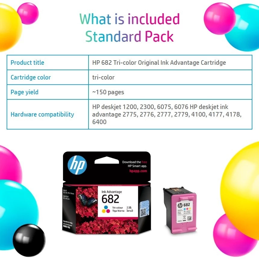 HP 682 Single Pack | Tri-color Original Ink Cartridge | HP Deskjet Printer 2336, 2776, 2777, 4176, 6075, 6475 - Image 2